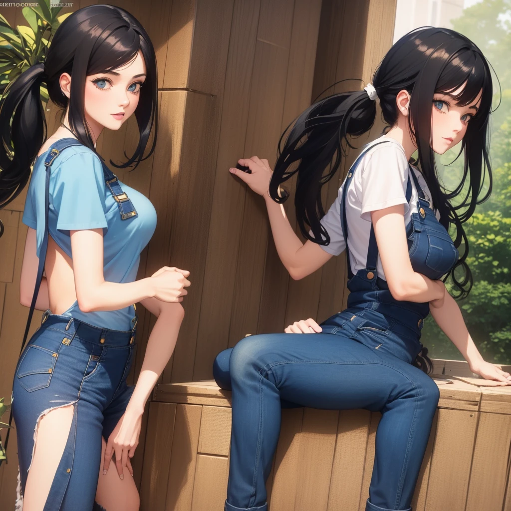 pho3b3cat3s photos, Beautiful woman, ((24-years-old)), street, T-Shirts, Denim overalls, 1980s, Retro, Long wavy black hair in a ponytail, (masterpiece), (Highly detailed CG Unity 8k wallpaper), Complex, ((Realistic)),Beautiful breasts,sexy