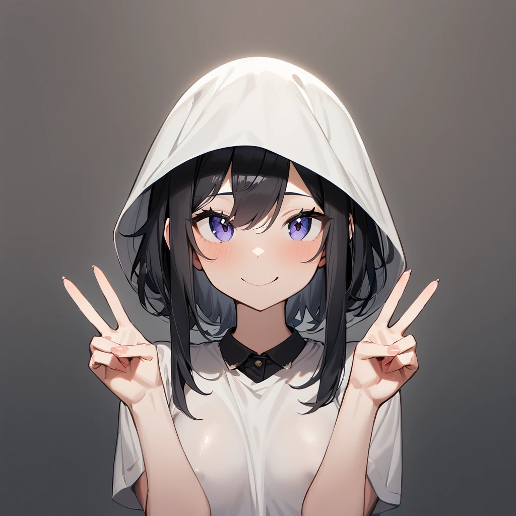 1 girl,black hair,Androgynous medium hair,sidelocks,Covered nipples,masterpiece,best quality,very aesthetic,absurdres,upper body,straight-on,large,Covered head,Smile,double v