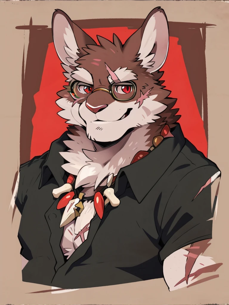 (Rabbit), anthropomorphic red rabbit, alone, (scar on left eye), (2-tone white and red fur), (neck), (perfect red eyes:1.4), （Artist:Takemoto Arashi）, twitch, mature face, older, clear facial details, flash, side of character, looks at camera, long eyelashes, fang, seductive smile, Black shirt,  Bone necklace, exposing chest, ((show upper body)), ((Bust)), Full Length Portrait, Tonalism, Head Out of Frame, Outer Border, Tachi-E, High Details