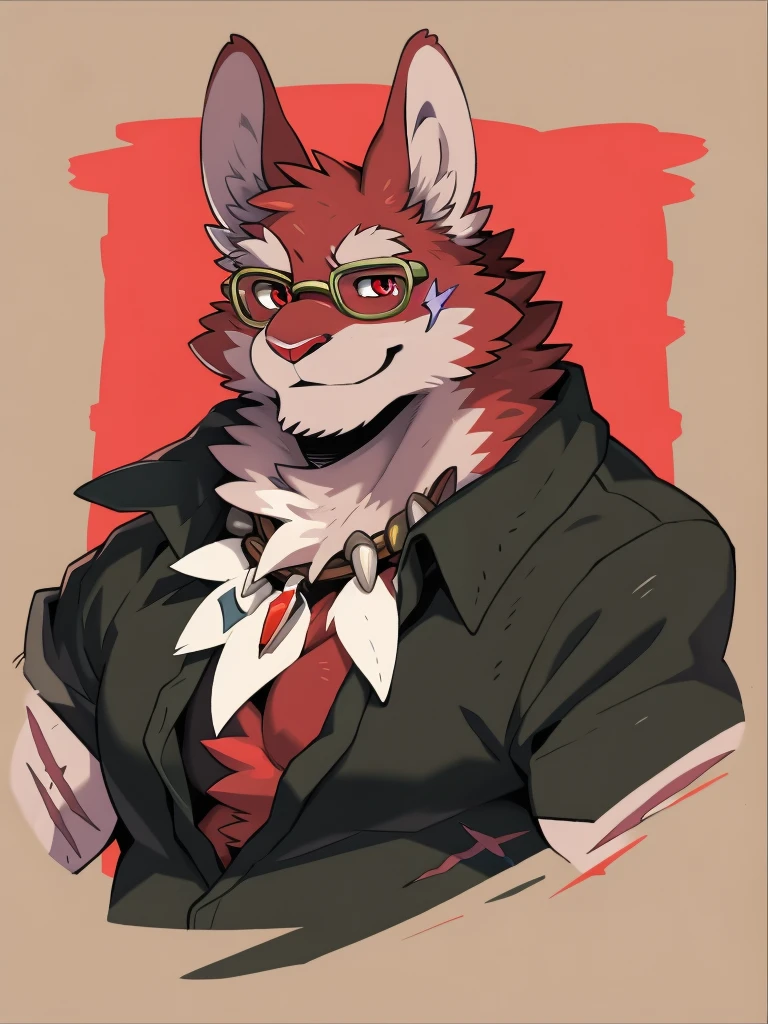 (Rabbit), anthropomorphic red rabbit, alone, (scar on left eye), (2-tone white and red fur), (neck), (perfect red eyes:1.4), （Artist:Takemoto Arashi）, twitch, mature face, older, clear facial details, flash, side of character, looks at camera, long eyelashes, fang, seductive smile, Black shirt,  Bone necklace, exposing chest, ((show upper body)), ((Bust)), Full Length Portrait, Tonalism, Head Out of Frame, Outer Border, Tachi-E, High Details