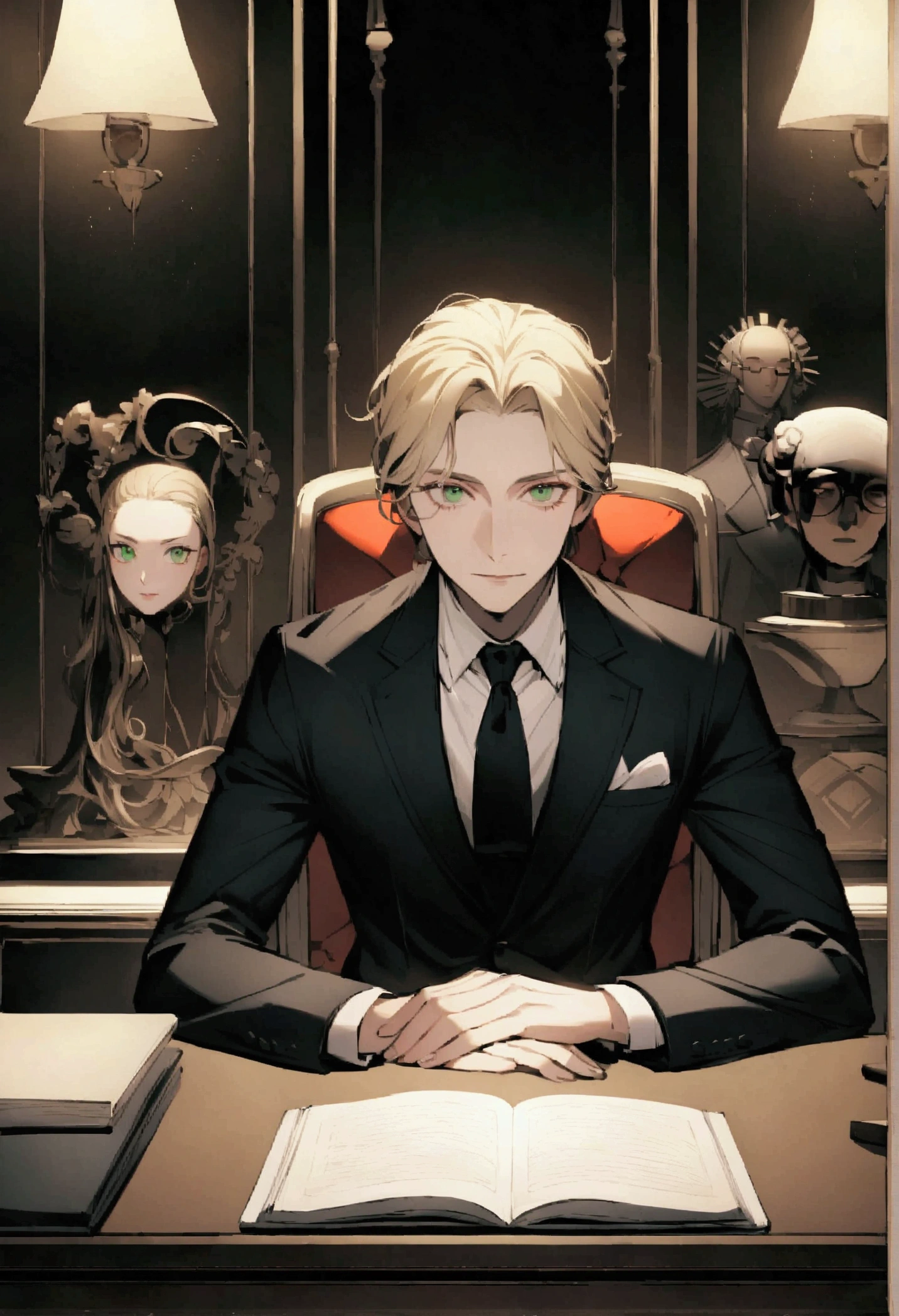 Portrait of a Sao Paulo businessman sitting behind a desk in a suit. The man must be white, gray brown hair, green eyes, Round Glasses Beautiful and elegant images must be 8K、You should see Sao Paulo behind it、straight ahead、looking at the camera