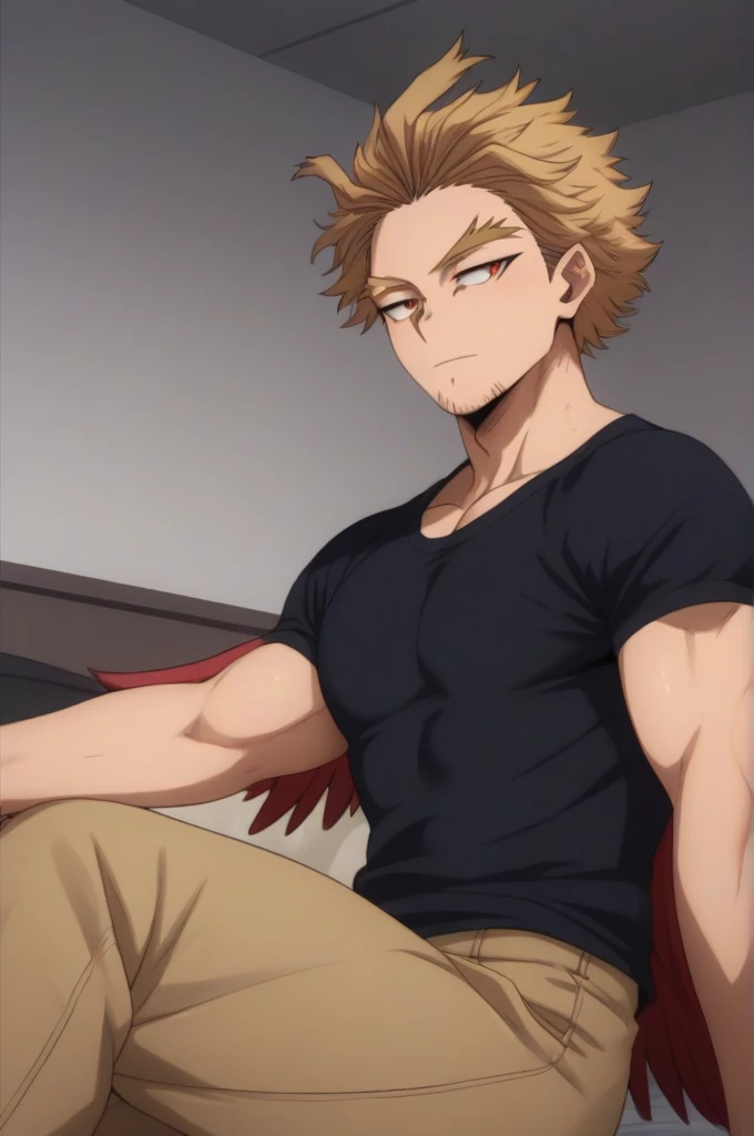 boy blonde hair slicked back, with some front locks, gold eyes, red wings on his back, delicate, With curves, clothes black shirt and light brown pants sitting on a bed carrying on legs girl long red hair bare front, Red eyes, clothing low-cut black long-sleeved blouse with big breasts in black shorts (Boku no hero academia, Hawks Keigo Takami )