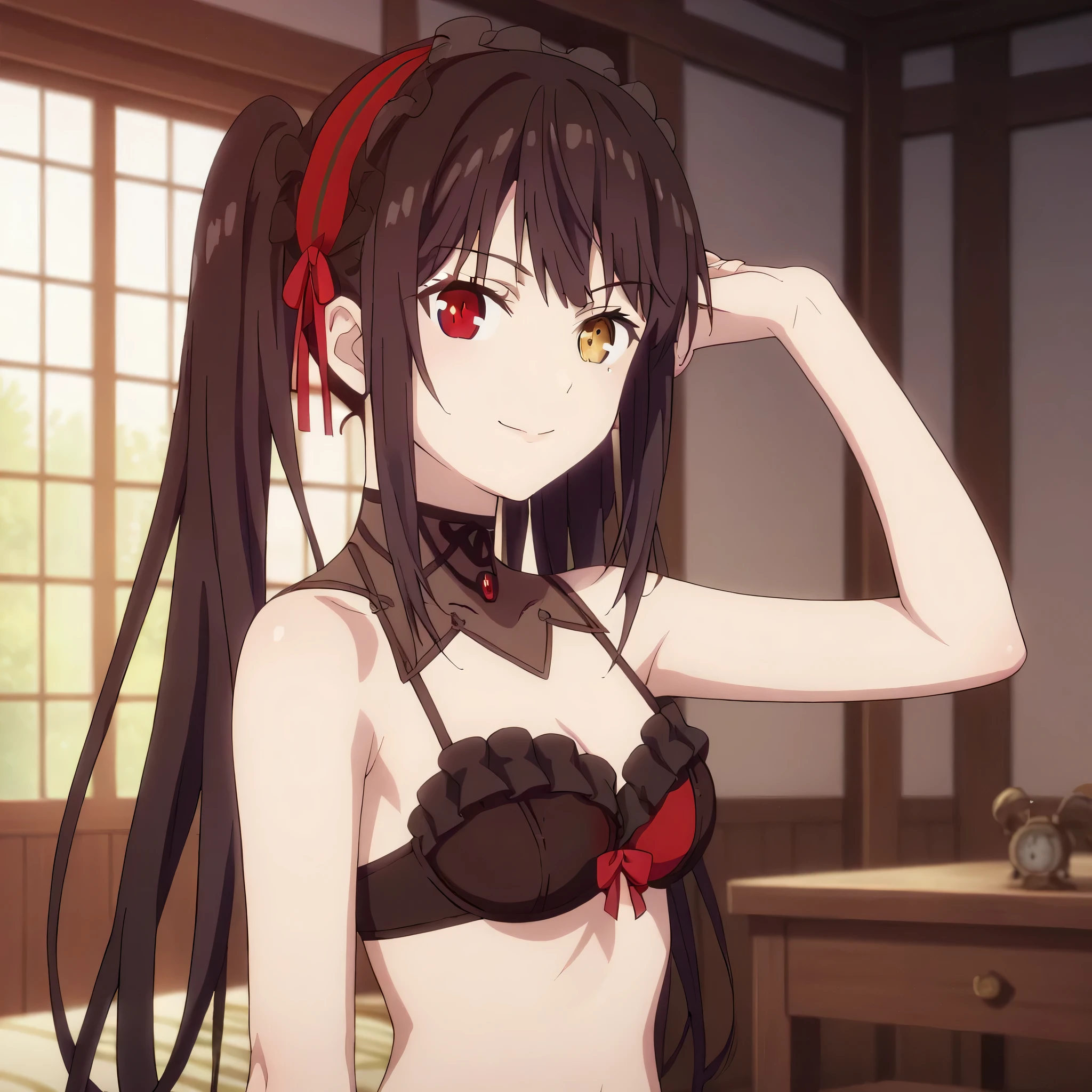 score_9, score_8_up, score_7_up, masterpiece,best quality,highres,ultra-detailed, source_anime,
kurumitokisaki, kurumi tokisaki, black hair, golden right eye(clock eye), heterochromia and red eyes, long hair, (bunches)
bare shoulder, ribbon, Black bra, bikini, briefs, black bikini, twintails, low twintails, black silk leggings, indoors, outdoor, smile, whole body
looking at viewer, arm_behind_head,arms_up,cowboy shot,