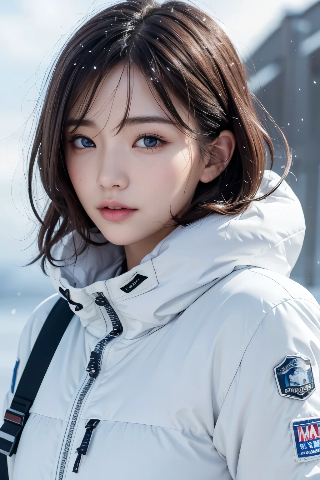 Ultra-high resolution、(masterpiece:1.3), (8K, Best image quality: 1.4)、 (Real:1.4)、One beautiful woman、Beautifully detailed eyes and skin、Troubled Micro Smile、Light brown short hair、Hair disheveled by strong winds、White Breath、Small Bust、Cold-proof space suit、Snow and ice planet、A terrible snowstorm、Severe snowstorm、Rugged snowy mountains、Dark clouds、Cloudy with snow clouds、Winter Storm、