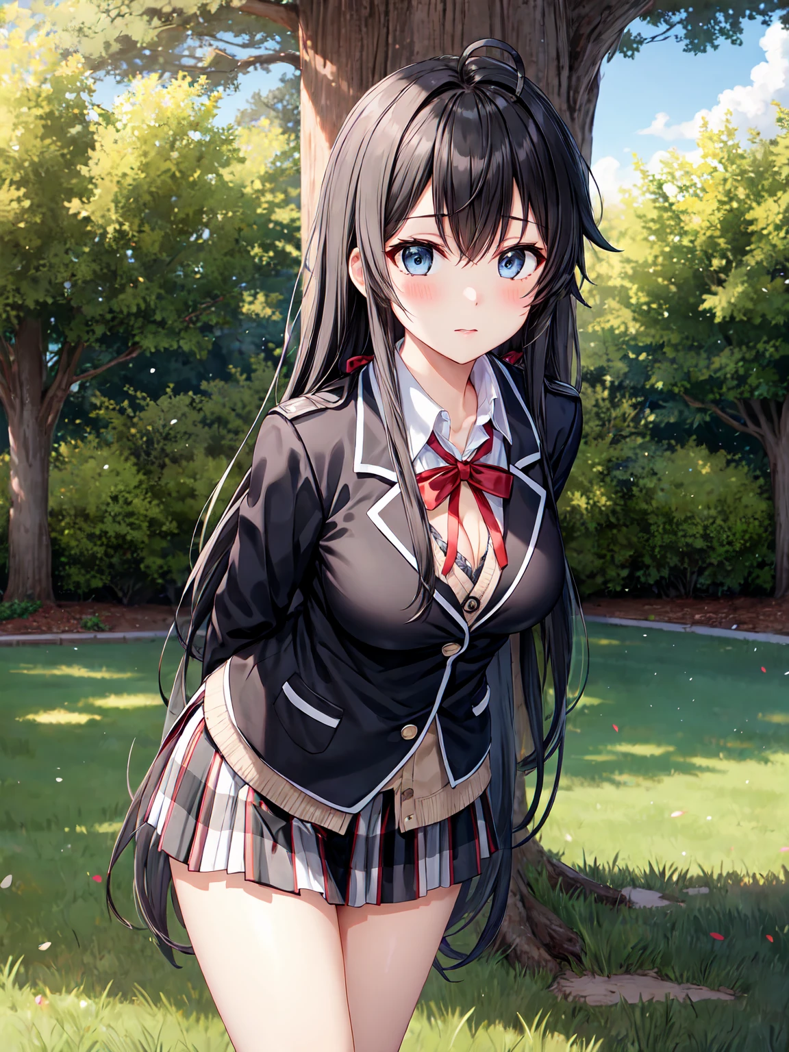 Masterpiece ,best quality , high resolution , (face view , look at view , (pov  front view:1.35) , pov from front) , (1 girl solo:1.38) , (yukino yukinoshita, black hair, blue eyes, long hair, ahoge) , (cleavage:1.02) , (big breast:1.03) , (blazer, cardigan, jacket, plaid skirt, school uniform, skirt, high school uniform ) , (arms behind back , hand behind back) , (leaning forward:1.3) ,( outdoor , grass , tree , in campus ) , (full face blush , shy ) , (standing , thighs ) , (cowboy_shot)