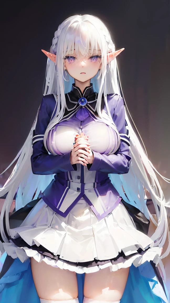 (((Itsuka Shido(date a live))),((gender bender,white hair,dark purple_eyes,cowboy shot,long straight hair)),((school uniform,huge breasts:2.0,elf,tall))