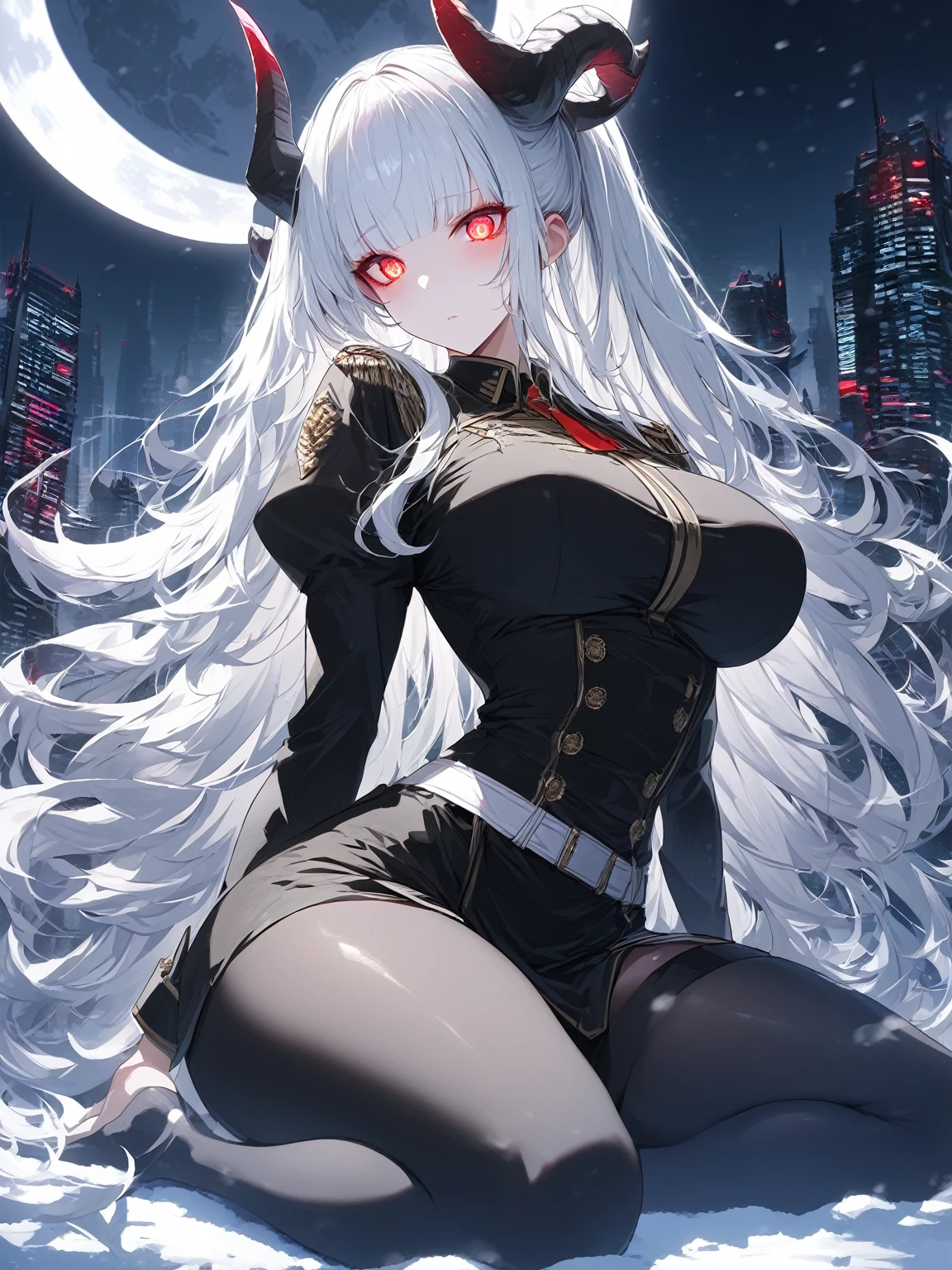 Masterpiece, very detailed, ultra detailed, one, (1 woman), she is in an ancient black military uniform, and in an elegant position, long hair, bright white hair, snow-white hair and straight bangs, white demonic horns, beautiful, charming, bright red eyes of reptiles, reptile red eyes, super neon eyes, bright eyes, elegant, large breasts, neutral face, cold face, charming, against the background of a large moon and futuristic city and furnishings, valiant atmosphere.