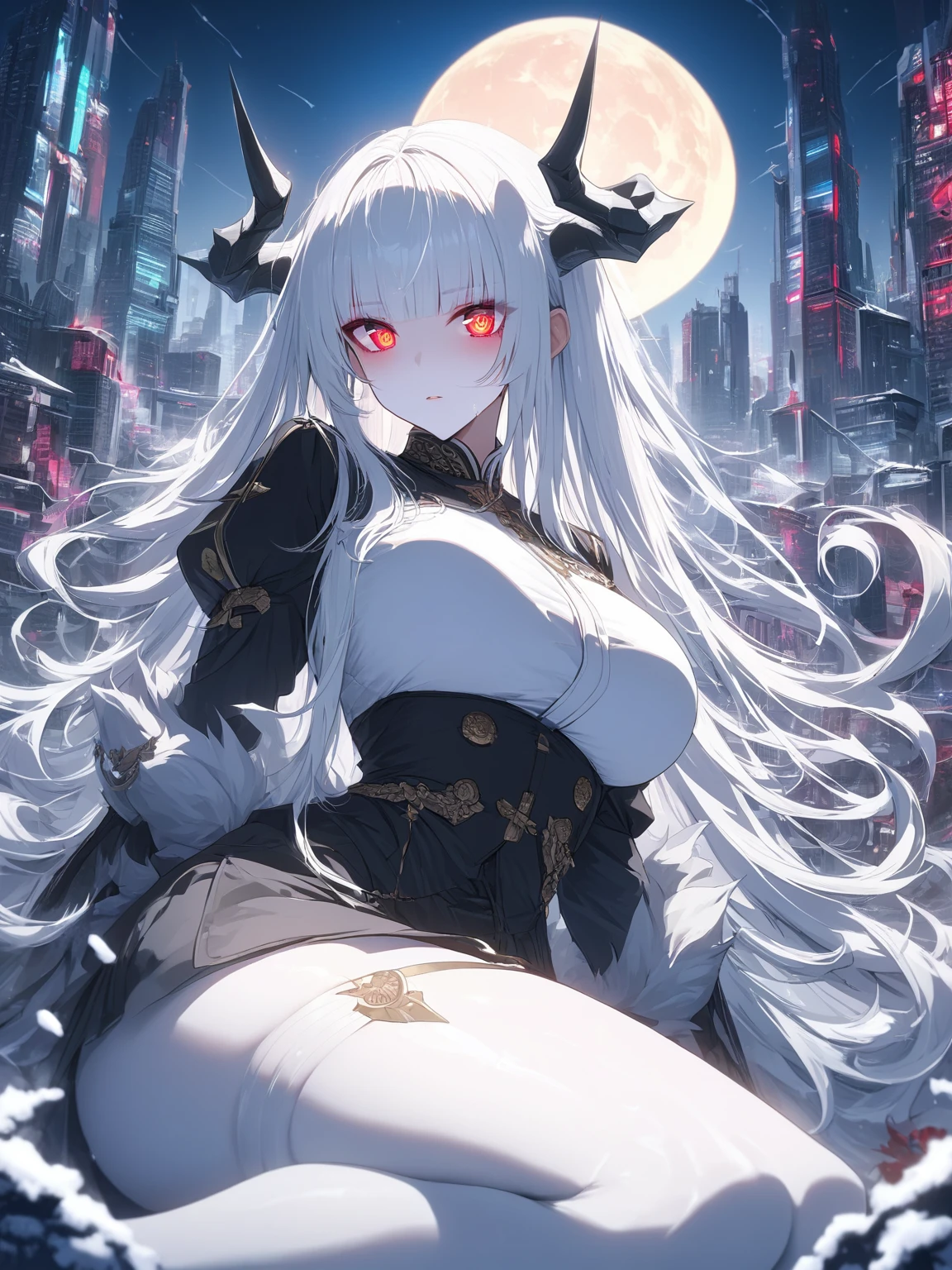 Masterpiece, very detailed, ultra detailed, one, (1 woman), she is in an ancient black military uniform, and in an elegant position, long hair, bright white hair, snow-white hair and straight bangs, white demonic horns, beautiful, charming, bright red eyes of reptiles, reptile red eyes, super neon eyes, bright eyes, elegant, large breasts, neutral face, cold face, charming, against the background of a large moon and futuristic city and furnishings, valiant atmosphere.