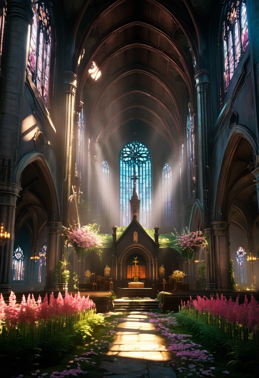 "A serene and beautiful scene of Aerith's church in Midgar from Final Fantasy 7, with sunlight streaming through broken windows, illuminating the blooming flowers inside the dilapidated building. The contrast between the peaceful interior and the rough exterior of the church highlights the hope and resilience in the midst of a decaying city."