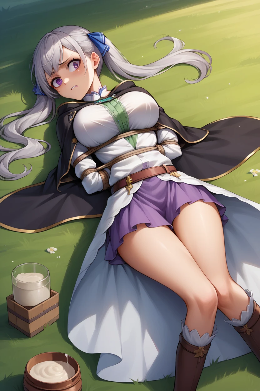 score_9, score_8_superior, score_7_superior, score_6_superior, sauce_Anime BREAK 1 Girl, Noel Silva, Grey Hair, Purple eyes, Twin tails, Hair Ribbon, Black capelet, Green Strap, White and purple dress, Long sleeve, belt, Big Breasts, Conceit, blue sky, Field, superiorper body,Tied up with rope,Lying down,Struggling,