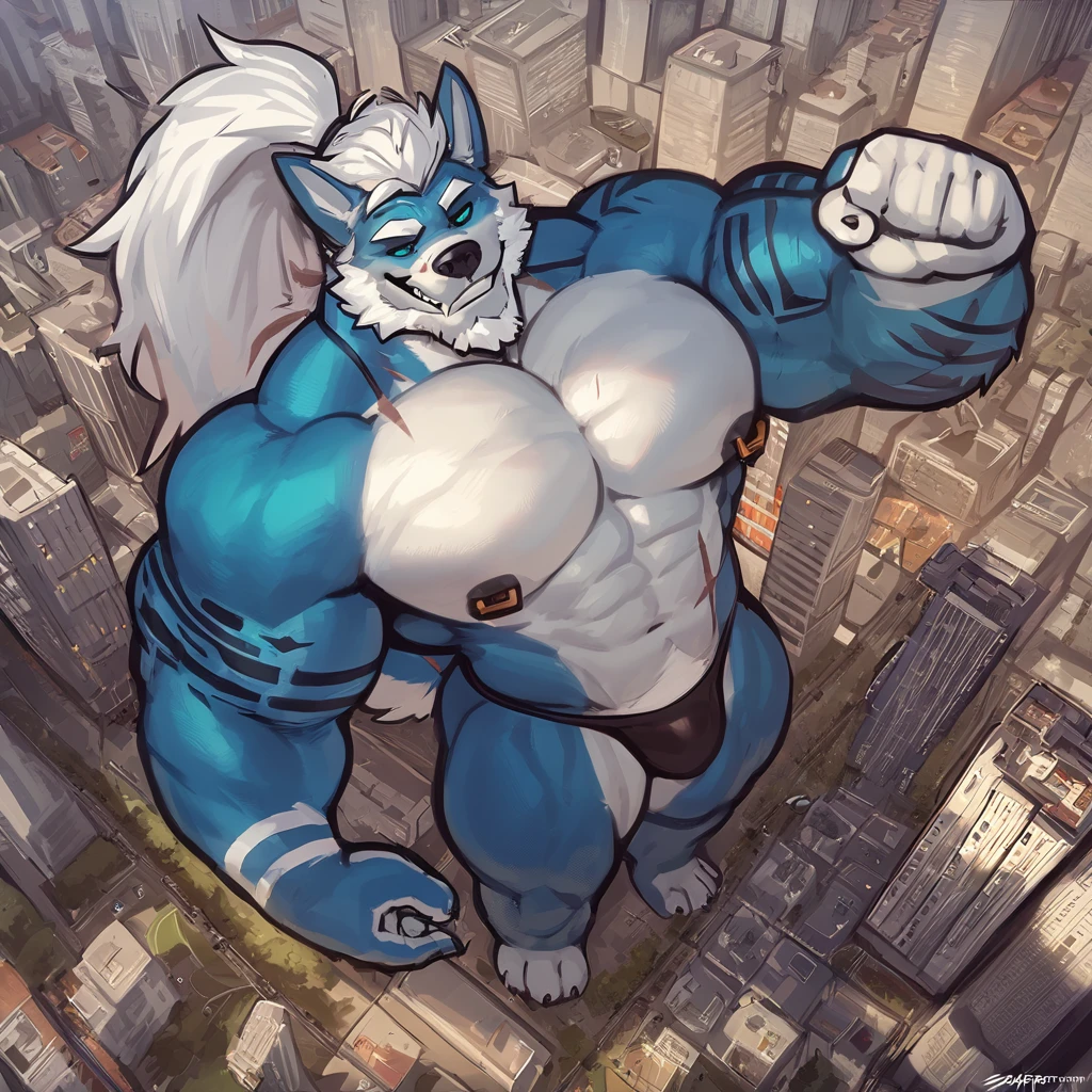 Light blue colored bara dog, white countershade, white skin, large hairy pecs, strong physique, tribal tattoos, white hair with yellow strips samurai hair in ponytail, green colored eyes, blue sclera, very muscular, perfect anatomy, scars on body, full body view in frame, nipple piercings, solo, masterpiece, sexy pose, manly pose, beard, strong jaw, thick thighs, giant biceps, huge hairy pecs, muscular, smirking, smug expression, curly dog tail, macro, tall, incredibly huge, insane height, height difference, insanely tall, 10 thousand foot heigh, in tiny city, from above angle, top down angle, correct perspective, tiny figure on hand, holding tiny person, tiny person in hand, gentle macro, wearing thong, grin, amazing shading, full body, detailed hands, detailed eyes, detailed face, detailed arms,anthro, muscular, abs, (detailed:1.5), male, detailed background, by bozi, by zackary911, by SligarTheTiger