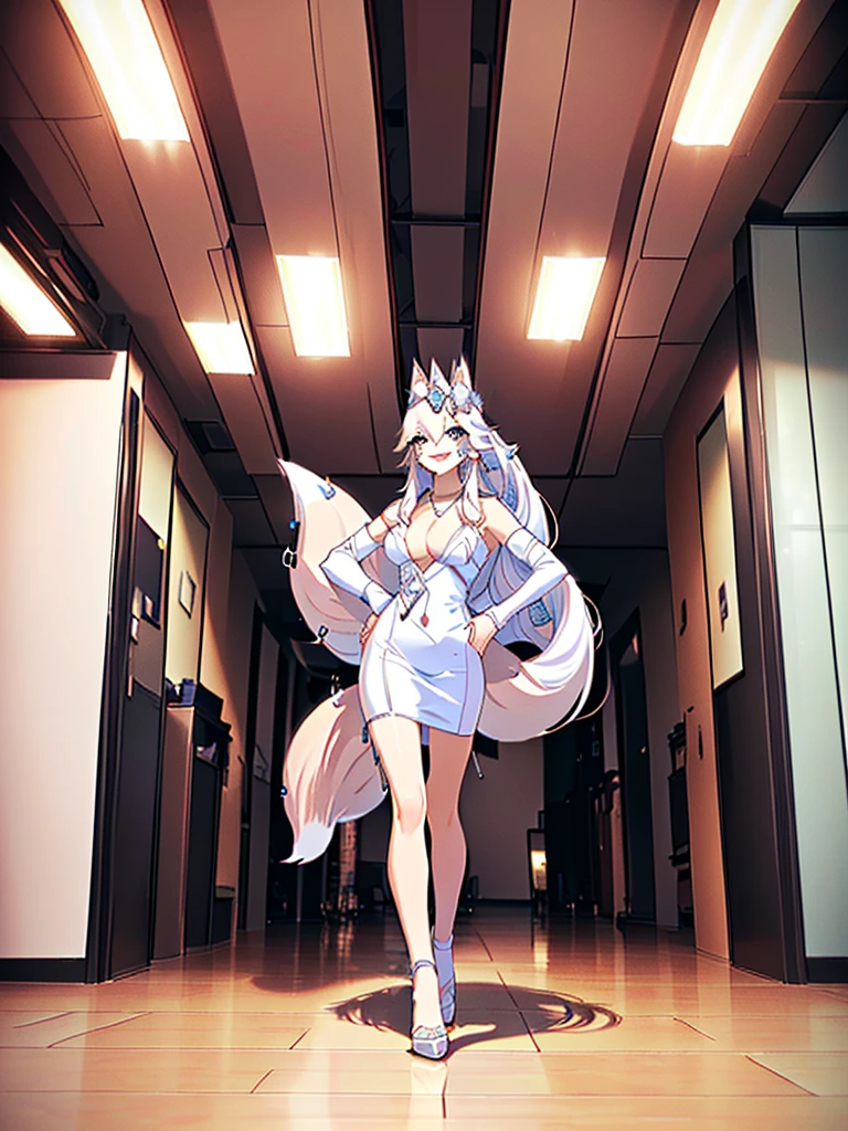 great quality ++ Extremely detailed high resolutionolution, very aesthetic, expressive eyes, (((Perfect face))), (((face symmetrical))), ((good anatomy)), (((perfect hands))), (((8k))), UHD, hd wallpaper, (((detailed high cal, (((((1girl)))))), only, Masterpiece, The best quality, high resolution, Highly detailed, (illustration), Beautiful detailed eyes, ((((full body))), (((solo))), (((((koyan-la1))))), (((smiling))), (((fusion))), (((agglutination))), (((Combination))), (((((White hair))))), (((blue eyes))), (((ponytail))), (((white dress))), (((jewelry))), (((necklace))), (((earrings))), only, jaeces, earrings, long hair, parody, (((scar))), (((scar ocular))), (((hair ornament))), (((office background))), (((hand on hip))), (((strolling))), Side ponytail, scar en la cara, Upper part of the body, (((fox tail))), (((fox ears))), (((tiara))), (((jewelry))), (((earrings))), (((neckline trimming))),