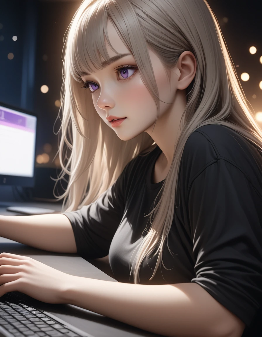 best quality, masterpiece, high resolution, A girl, platinum hair, purple eyes, black shirt Beautiful face, Tyndall Effect, lifelike, Dark studio, Light side, Bi-tone lighting, ( Skin HD:1.2), 8k , Soft lighting, high quality, Volumetric lighting, candid, high resolution, 8k, bokeh, depth of field, female hacker, computer