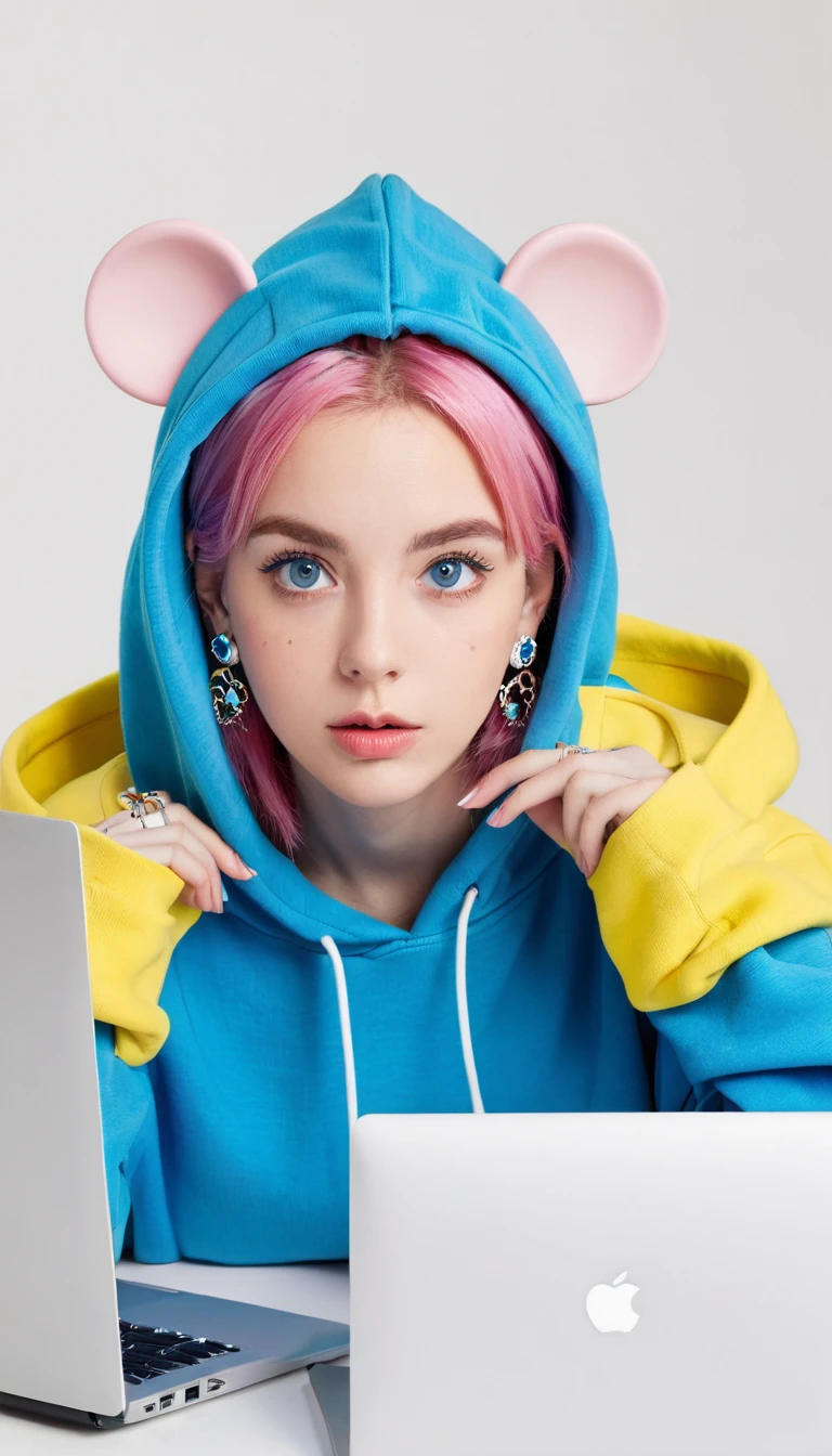 Mika Picazzo, 1 Girl, blue eyes, blue hoodie, computer, earrings, hood, hoodie, Jewelry, keyboard (computer), Logo, Logo parody, mouse (), Colorful eyes, Pink Hair, Recycle Bin, Solitary, White background, Yellow eyes, ,