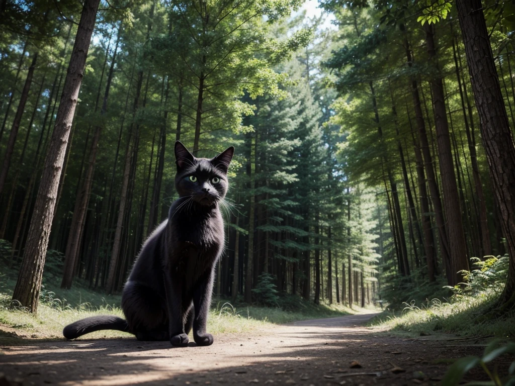 Make an anime picture of a cute black cat in the forest, not studio ghibli style.