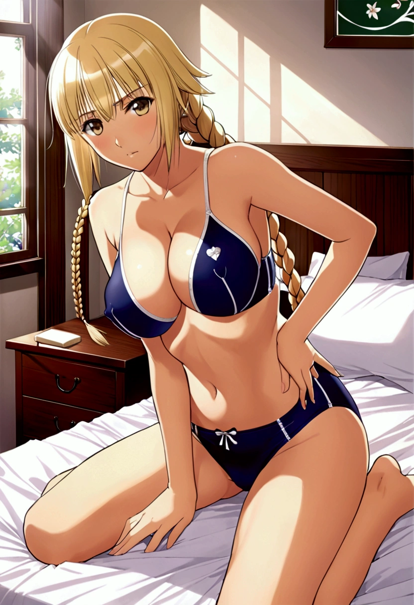 {{Masterpiece}},{Write in detail and neatly},Official Art,Beautiful adult woman,Jeanne d'Arc,Long blonde braids,Larger breasts,Erotic temptation:2.0,School Swimsuit,topless,I'm embarrassed,Seduce with sexy poses,bed