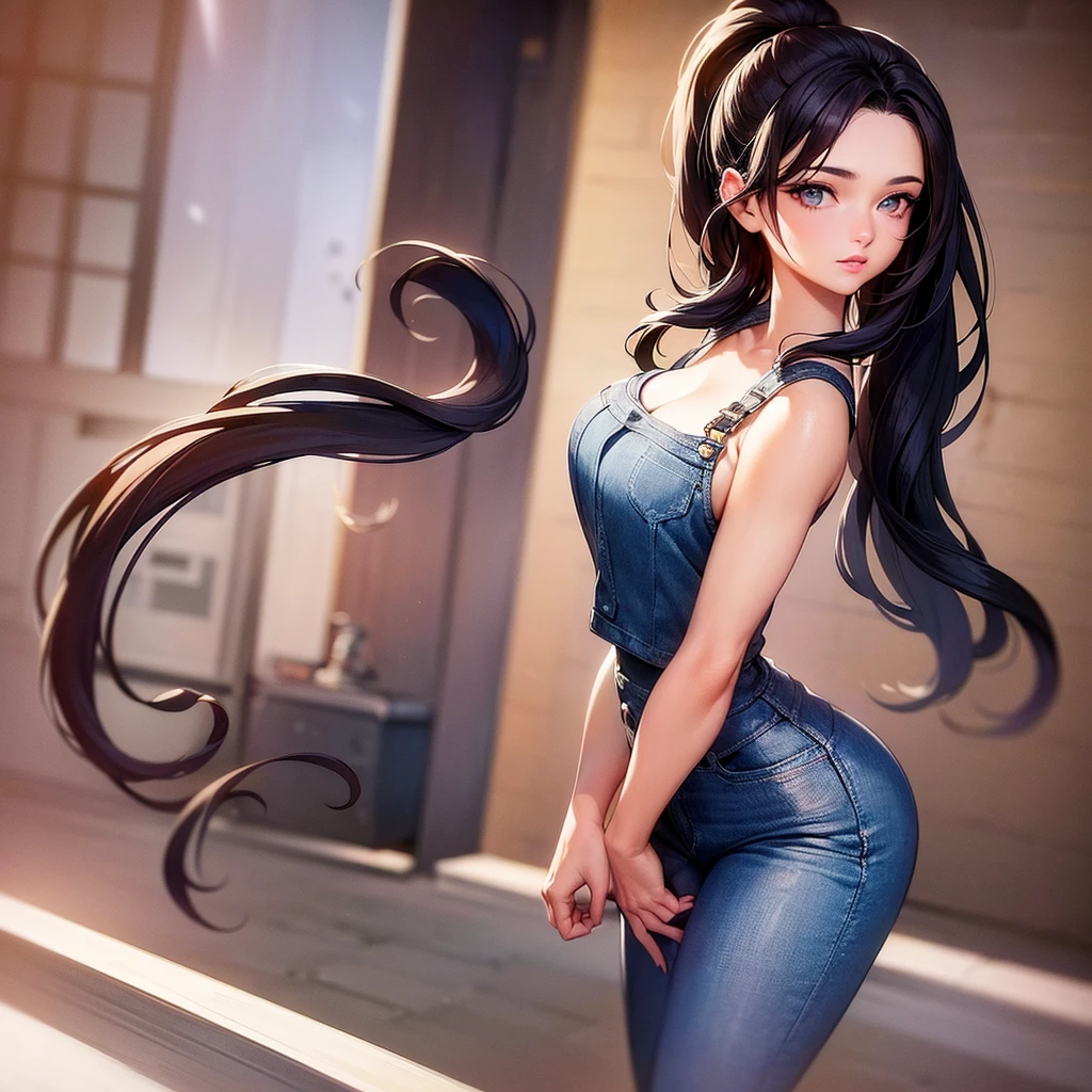 pho3b3cat3s photos, Beautiful woman, ((24-years-old)), street, T-Shirts, Denim overalls, 1980s, Retro, Long wavy black hair in a ponytail, (masterpiece), (Highly detailed CG Unity 8k wallpaper), Complex, ((Realistic)),Beautiful breasts,sexy