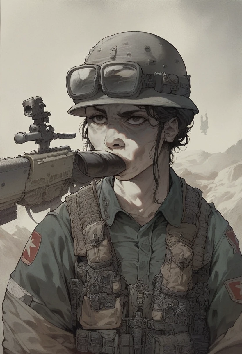 A female soldier in a battlefield, camouflaged sniper, exchanging fire, giving a blowjob, detailed realism, gritty, cinematic lighting, dramatic composition, muted color palette, military equipment, tactical gear