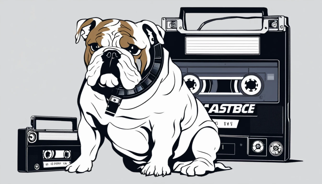 Bulldog holding a cassette tape