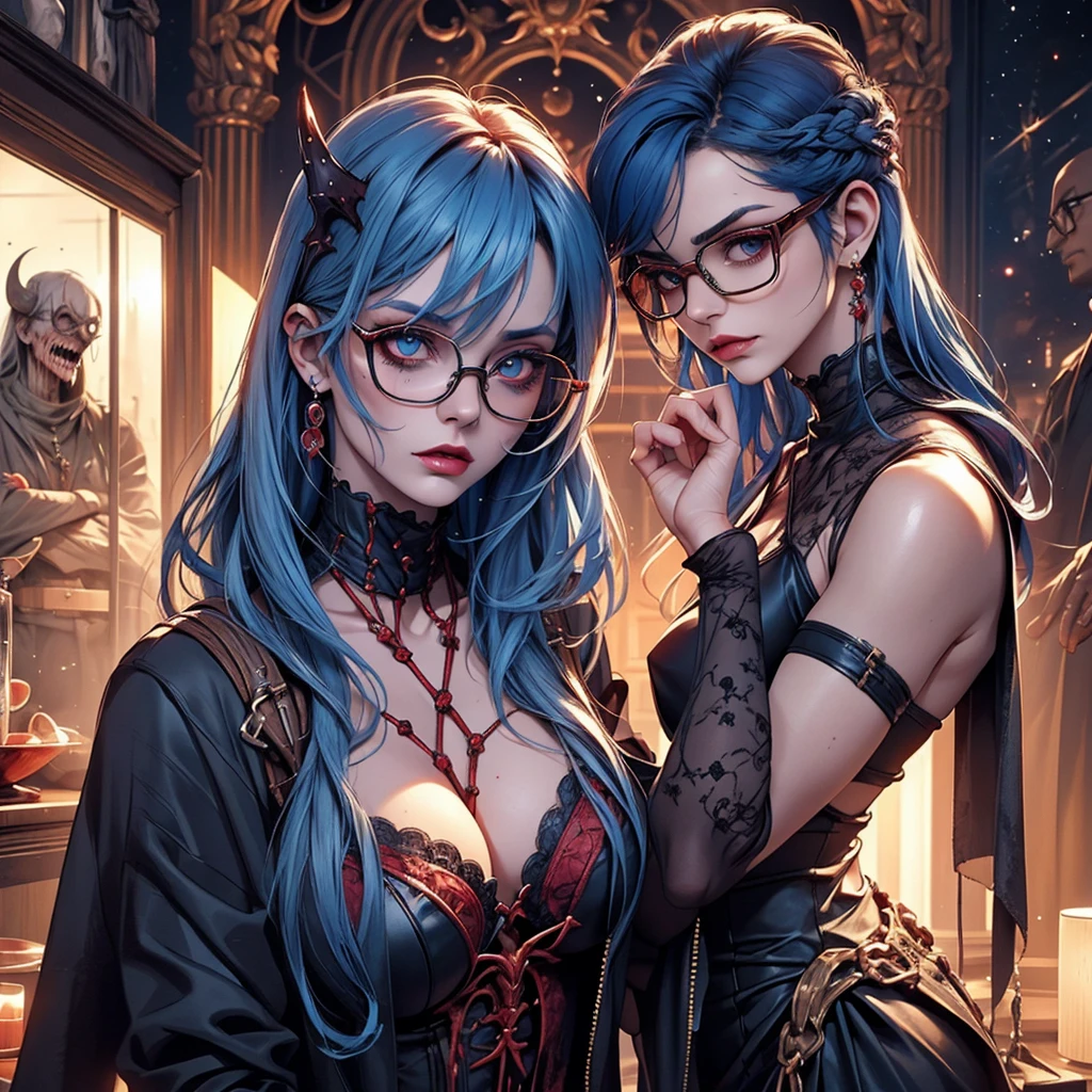 undead,blood,daemon,zombie,space people, BDSM,beautiful, female, ultrarealistic,shibari,super realism,blue hair,Wearing glasses,Luxury brand fashion,surrealism,fashion illustration