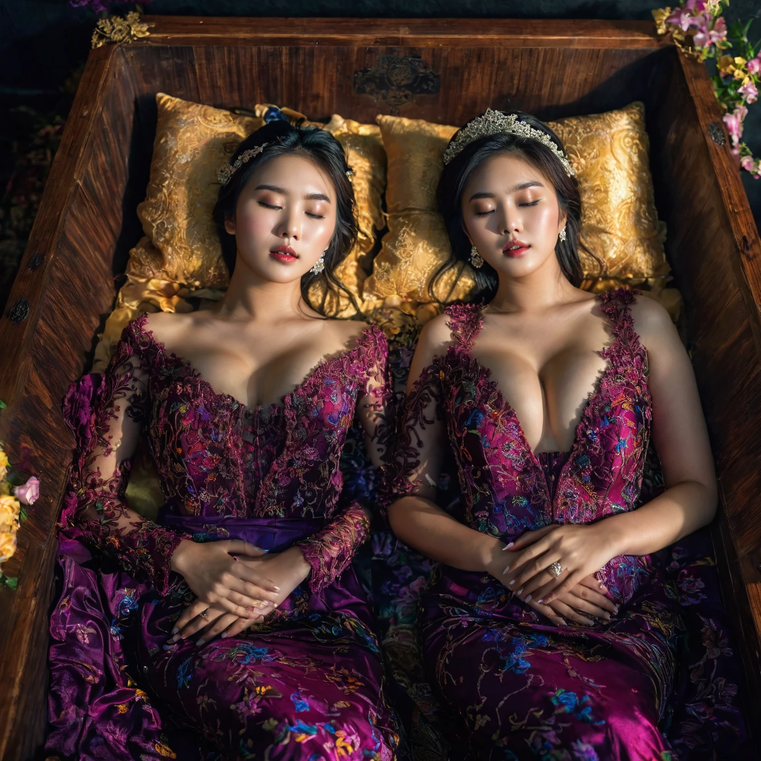 In a striking 8K HDR scene, a stunning Korean woman, 22 years old, lies peacefully in a black coffin surrounded by plush pillows. The deep box is set against a rich black background, accentuating the beauty of the subject. Her exquisite deep-V neckline kebaya attire is embroidered with superb detail, showcasing her round and firm breasts, perfect cleavage, and beautiful eyebrows. Her closed eyes and mouth give an air of serenity, while her visible and absolute cleavage leave nothing to imagination. The scene is bathed in saturated colors, highlighting every intricate aspect from the ball skirt to her clean face, straight body, detailed hand perfect hands, straight body, own hands together, own hand on stomach, detailed hands, perfect hands.