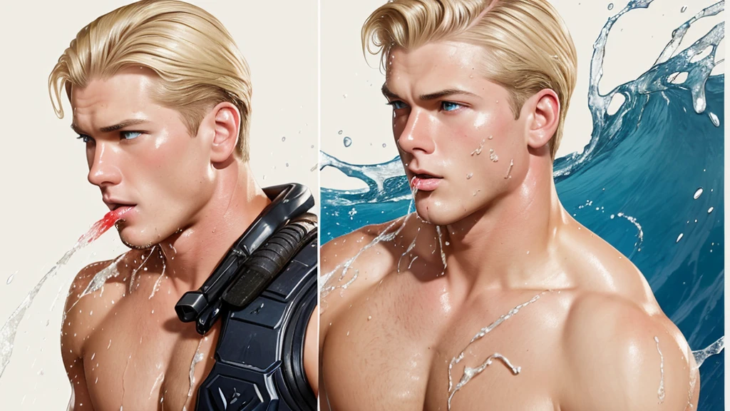 llustration in Leyendecker style ; without a weapon , a navy seal , blonde , 27 years old, , stands on both knees , a frightened look . there are drops of blood on his face . His face , lips , hair and body armor are thickly splattered with white viscous sperm . Cum trickles out of his mouth in a thin stream