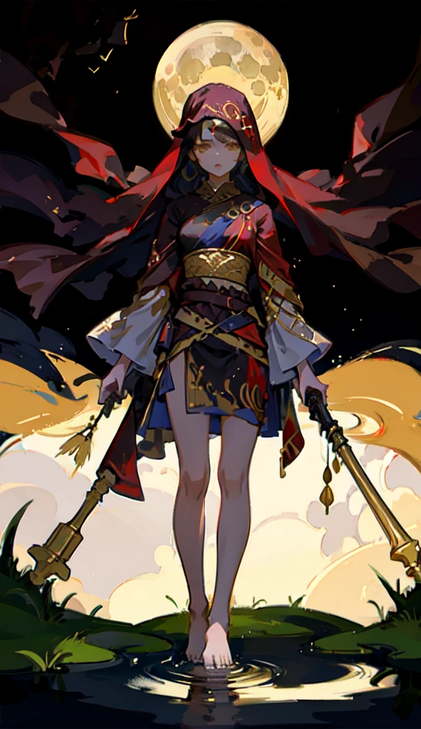 1indiangirl,Abstract Art,Rose red veil,Dark brown skin,Gold headdress,Gold clothing,Vision,Little girl,moon,,Standing barefoot on water,Reflection,Water occupies a large area,rain,Water,flower,moss,(((Back))),Revolver in hand pointed at the dark,Straighten your arms
