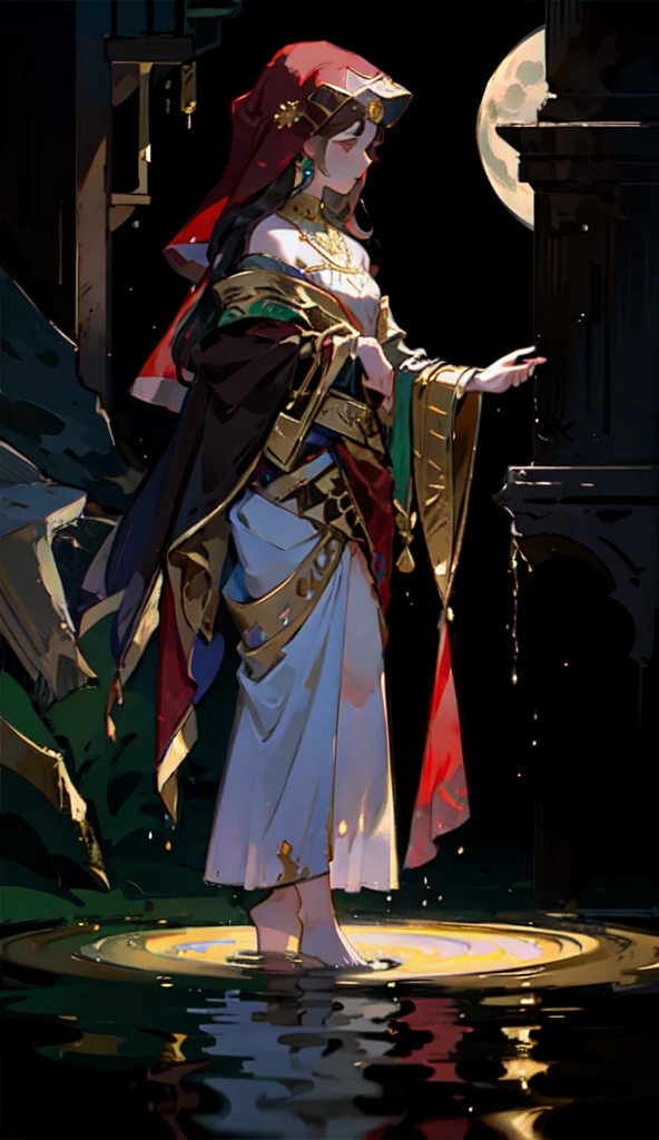 1indiangirl，Abstract Art，Rose red veil，Dark brown skin，Gold headdress，Gold clothing，Vision，Little girl，moon，，Standing barefoot on water，Reflection，Water occupies a large area，rain，Water，flower，moss，（（（Back））），Revolver in hand pointed at the dark，Straighten your arms