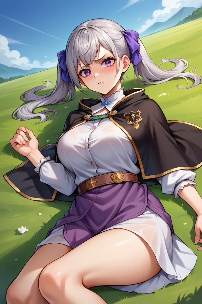 score_9, score_8_superior, score_7_superior, score_6_superior, sauce_Anime BREAK 1 Girl,  Noel Silva, Grey Hair, Purple eyes, Twin tails, Hair Ribbon, Black capelet, Green Strap, White and purple dress, Long sleeve, belt, Big Breasts, Conceit, blue sky, Field, superiorper body,The body is tied with a rope,Lying down,Struggling,