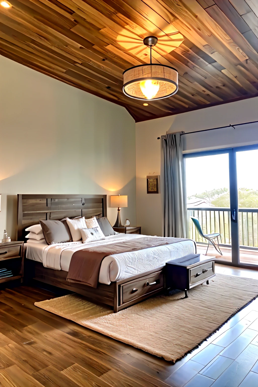 Perpective view of master bedroom in modern style interior with a bed, headboard, side table, storage. show door, and window on one wall with curtains. use wooden floor ,whites, beiges, greys, and browns, ceiling cove lighting, table, and painting lamp