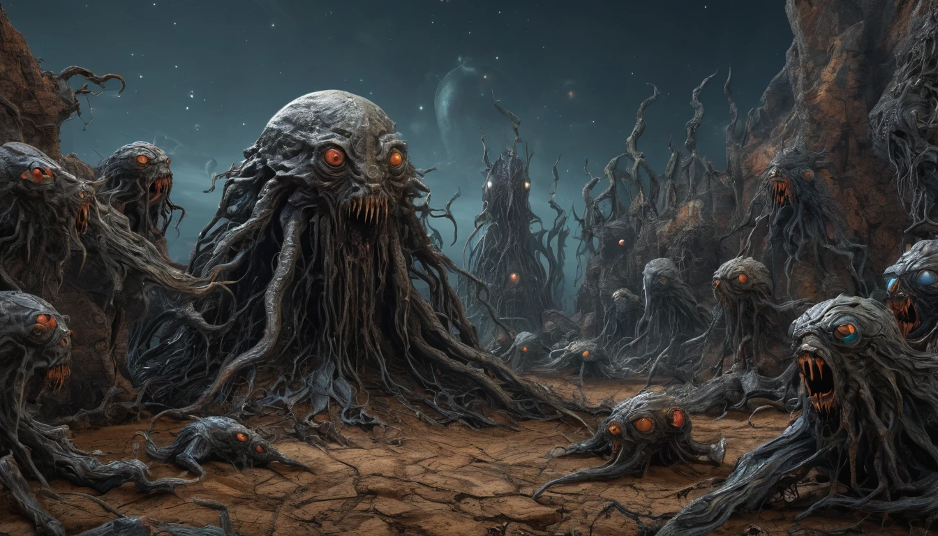in (medium full shot:3.1) of lot of characters from (cosmic horror:3.1), inspired by Zdzislaw Beksinski and Heavy Metal Magazine, Cyberpunk apocalypse in chaotic world, monsters and robots, wayne barlowe, pierre pellegrini, (with Creepy, Sci-Fi, Fantasy and Horror:2.9) retro sci fi, Horror movie, very detailed body, moody, epic, ((Cinematic film)), ((Ultra Detailed)), Complex, ((Sharp Focus)), Object Texture, Studio Photo, Complex Details, ((Highly Detailed)), Photo Real Style, ((Hyper-realistic)), High Dynamic Range, ((Realistic Textures)), 8K UHD, Nikon D 850, Kodak Portra 400, Fujifilm XT, 3D rendering