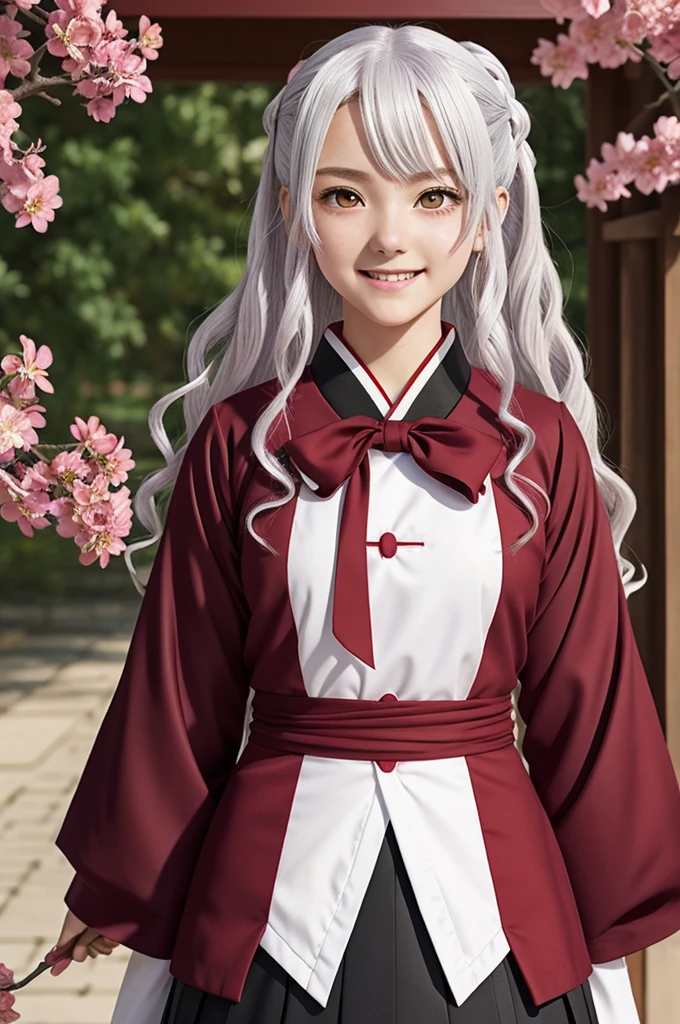 14 year old girl, white hair, wavy and long, red eyes, anime style:"Kimetsu no Yaiba", wine-colored uniform and flower haori, with a calm smile and beautiful appearance, anime animation