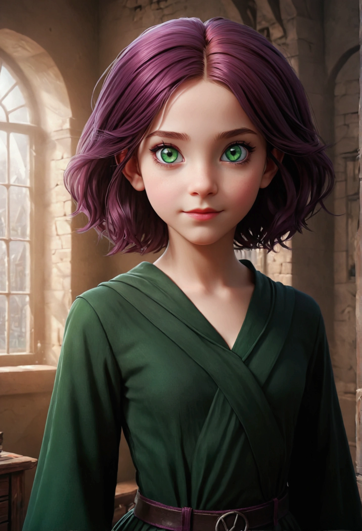 daughter of severus snape, (best quality,4k,8k,highres,masterpiece:1.2),ultra-detailed,realistic,portrait of a beautiful 10-year-old teen Witch's outfit, Anime-style portrait of a teen-ager girl with a deep violet bob cut, (green eyes), bright eyes, baby-faced, dark-red hair, eye contact with the camera, subtle smile, minimalistic background to emphasize character, high contrast, clean lines, digital painting, vivid colors
