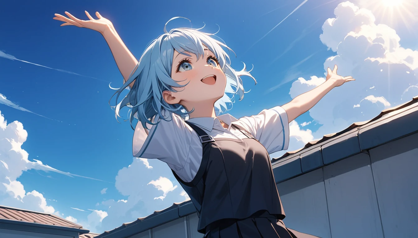 (Highest qualityのイラスト:1.2), (pretty girl:1.1), (1 girl、、Highest qualityのイラスト:1.2), (1 girl、smile、slightly bigger eyes)、Bright blue hair、Short Bob Hair、(Highest quality、Very detailed、Very detailed and beautiful、Ultra-high resolution) 、,{White shirt、Blue ribbon tie、Grey pleated skirt}, from below