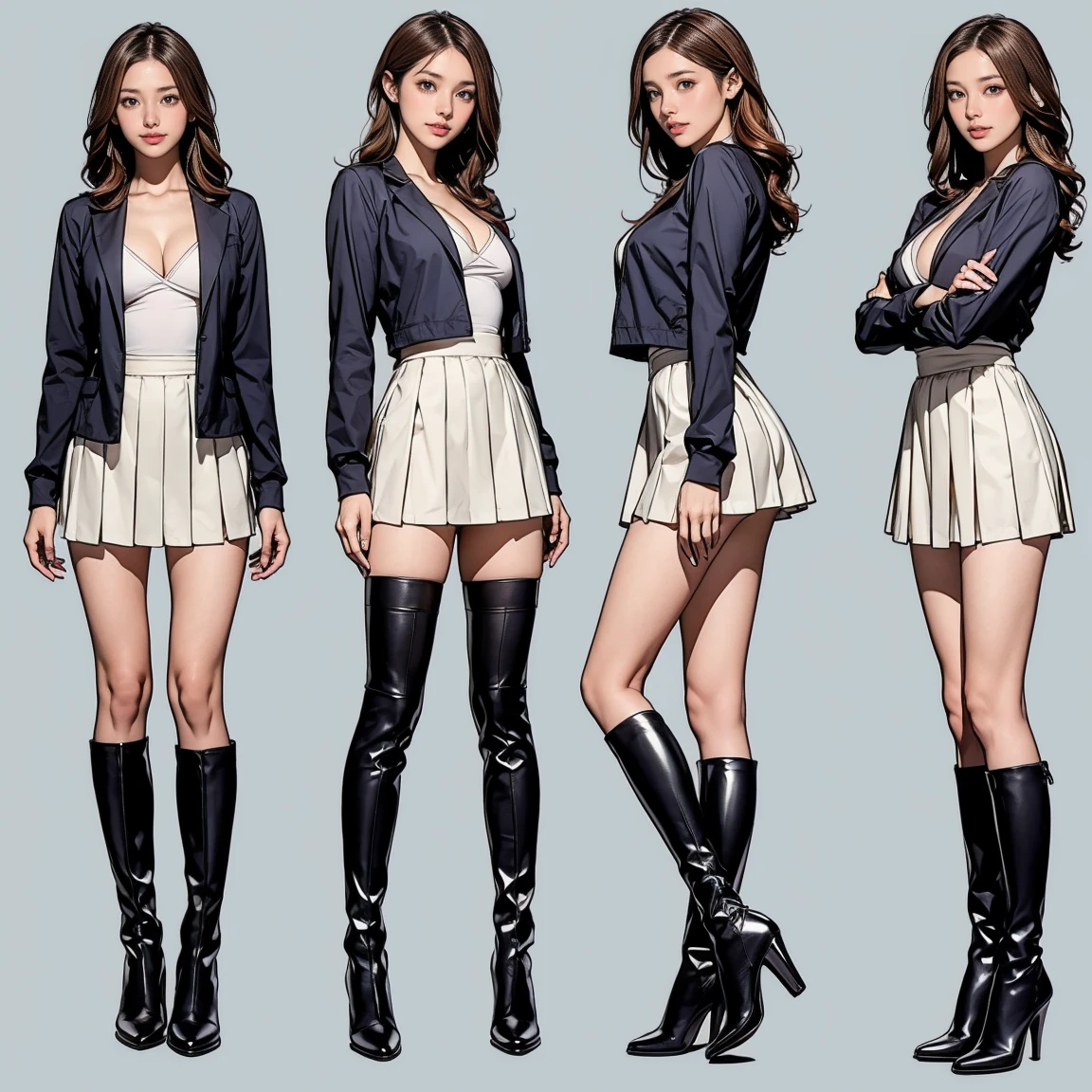 ((masterpiece)),(((Highest quality))),((Character design sheet 1.2)),Thin thighs,Long legs,Race Queen:0.8,Long Curly Hair 1.4,Cleavage 1.6、The best smile:1.5,Full Body Shot:1.5,Blue background:0.5,Wearing black thigh-high boots:1.5,Black Mini Skirt:1.1, Black jacket:0.6