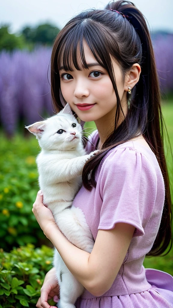 ((masterpiece,best quaLightingy 1.4)), (8k,RAW Photos:1.2), (Realistic,photo Realistic:1.4), Ultra-high resolution , (Highly detailed 8K wallpapers) ,Japanese Idols, Japanese actress, Japanese, very cute, Big eyes, Highly detailed eyes and face, Beautiful eyes in every detail,Shiny skin,Portraiture,(ponytail :1.2),(smile:1.3) ,(Holding a fluffy kitten:1.2),Lighting, Sharp focus, Written boundary depth , (Dynamic Angle:1.4 ). Blur the background, Bokeh, (Pink Dress:1.2) ,( Lavender field in daytime.)