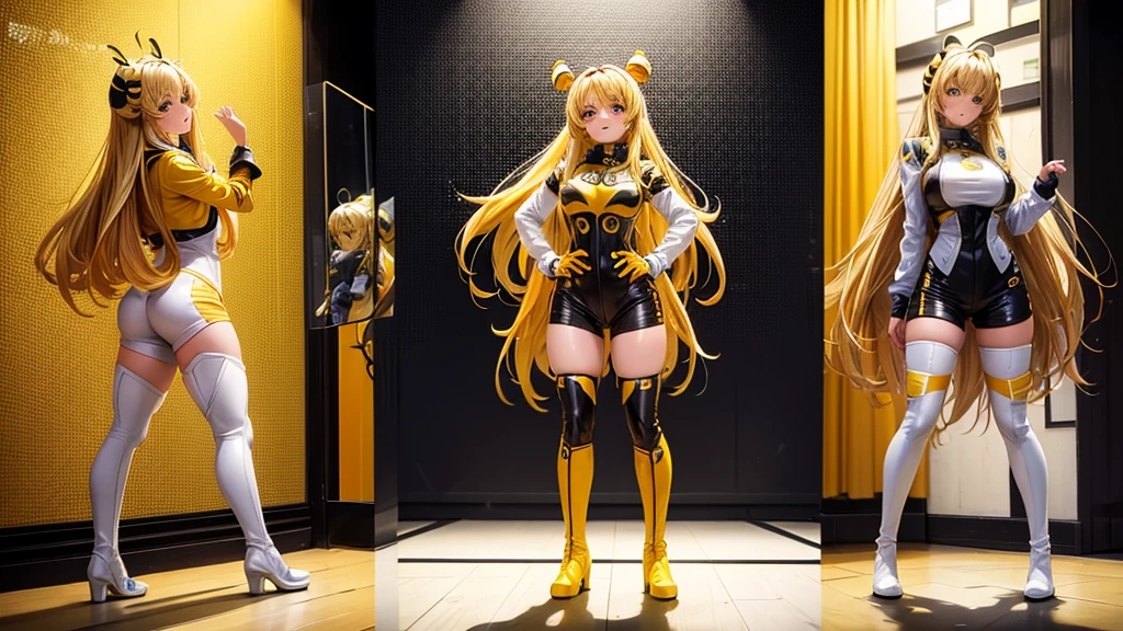 dressed as a bee, long hair blonde, bee bodysuit, big-ass, baile funk no brazil, sound wall and white high boots, standing