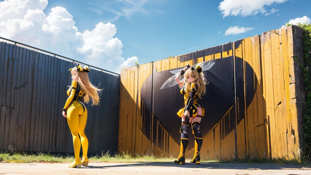 cute , bee girl, waist height photo, full body, bee wings, anime style, digital art, an album cover, fine art, HDR, 8k