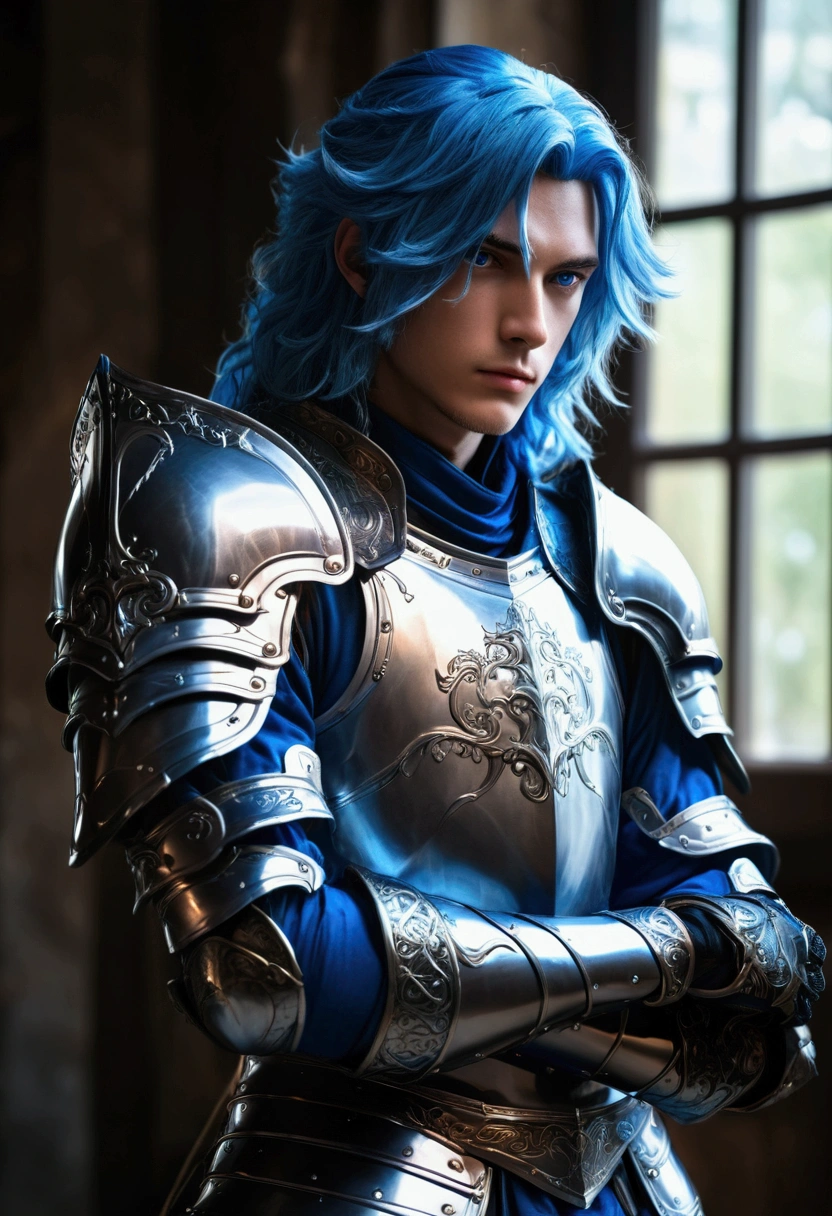 a handsome noble knight, detailed armor, long blue hair, blue eyes, blue and black clothes, elbow protectors, knee protectors, hand armor, leg armor, fantasy world, (best quality,4k,8k,highres,masterpiece:1.2),ultra-detailed,(2 dimension art, photo,photo-anime:1.37),intricate details,chiaroscuro lighting,cinematic composition,dramatic lighting,dark fantasy,moody atmosphere,rich colors, fantasy,