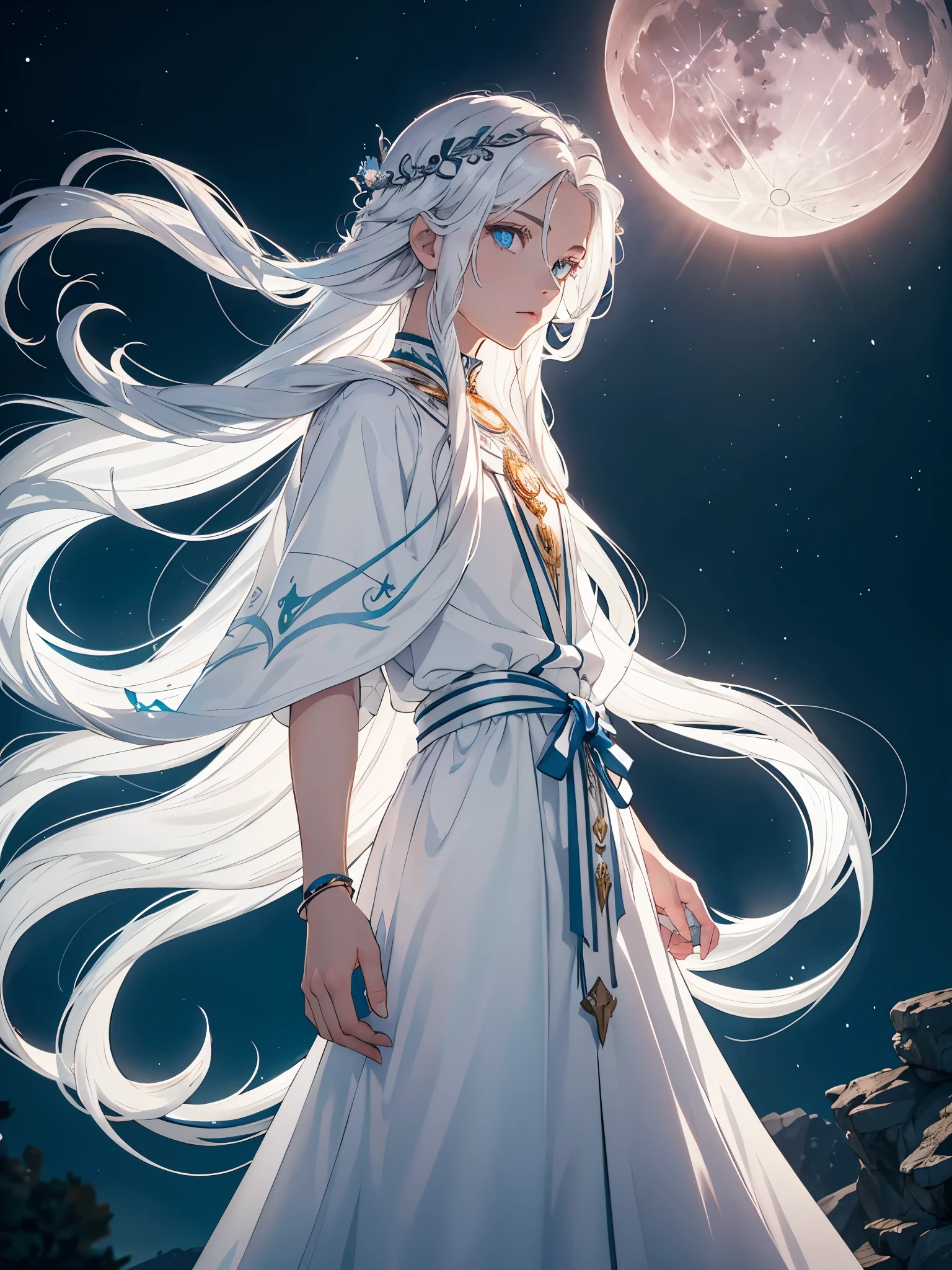 Junge. Älter. Long hair. long white hair. aquatic, boy, Goddess of the Moon, silver hair accessories, White hair, White dress, cape, at night, saturated colors, light eyes, bright, light blue light, blue eyes, Jewelry silver, bluish light, Full moon in the background, aquatic in der Luft rosa kerzen
