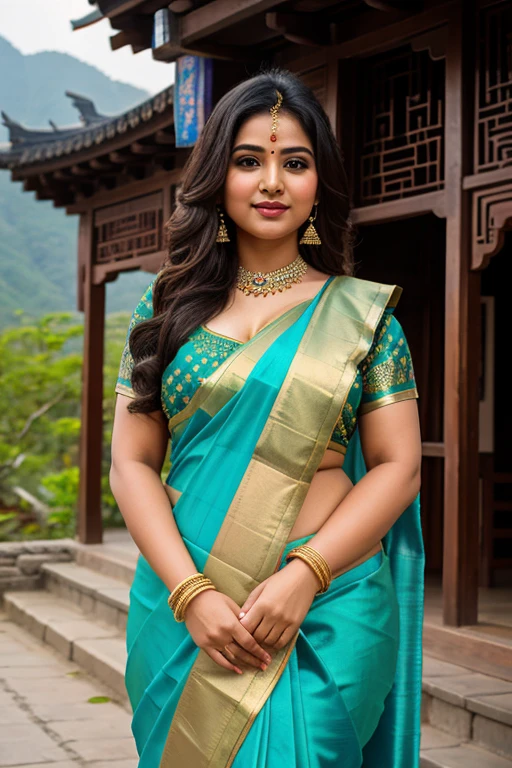 1 Heavenly beautiful and goddess beauty cute and sweet looking face Indian female in front of Zhanli Village, China, Heavenly beautiful, Heavenly beautiful and attractive Chubby figure with long silky hair, Heavenly beautiful looking and eye catching luxury style tight fitting mallu traditional half saree , reaching out, Heavenly beautiful Arabian woman, 16k, High resolution, masterpiece, highest quality, fine skin, outside view, Realistic Photograph, size 45 and waist size 32, close up face view