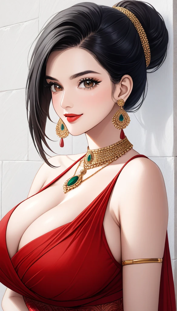 a woman, Kriti Sanon, outdoors, realistic skin texture, smiling, post-processing, Maximum texture, masterpiece, ultra-detailed, photorealistic, realistic, real picture, hyperrealism, Sharp focus, insane details, intricate details, full sharp, detailed face, realistic eyes,simple white stucco background ,big hoop earrings, makeup,white skin,sharp jawline ,big earrings, oversized earrings,big breasts,full body view ,saree,black hair, necklace, eyeliner, eyeshadow, foundation, jewelry,bangles, anklet,silky hair ,hair single bun,bangs,face makeup, eyeliner,red lipstick