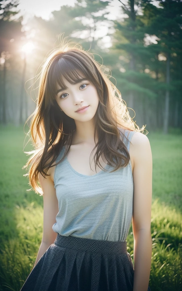 Photo Real, Ultra-realistic, Cinema Lighting, 32k, One girl, (Depressed:1.2), A shy smile, Backlight, Bright light, (Improvement of quality:1.4), (Highest quality real texture skins:1.4), Detailed drawn eyes, Detailed painted face, Medium Hair, Hair blowing in the wind, bangs, Tank top, skirt, (Enhances the beauty of skin texture:1.1), Matte texture, Foggy morning forest,