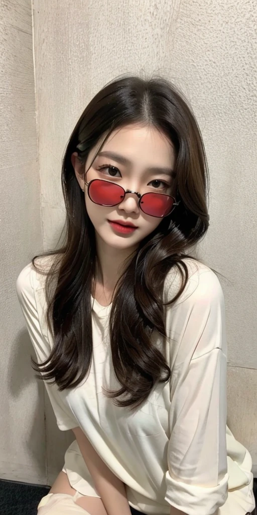 masterpiece, best_quality, 1girl, solo, gumi, , red eyewear on head,