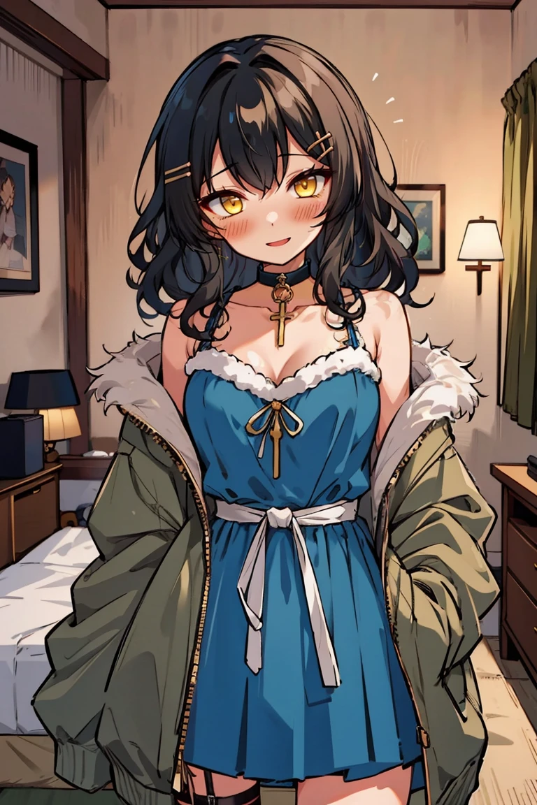 (masterpiece:1.2), (high quality:1.2), (hui xiyi:0.7), rekkyo sensen, rekkyou sensen, girls with((1girl, solo, black hair, yellow eyes, (wavy medium hair, hairclips:1.3), blush, breasts, choker, cleavage, coat, cowboy shot, blue dress, ribbon waist belt, collar, collarbone, rosary, rosary choker, cross, fur, khaki hoodie, green hoodie, hood down, hooded coat, hooded jacket, hoodie, jacket, large breasts, long hair, long sleeves, medium breasts, open clothes, open coat,open hoodie, sleeveless, winter clothes, zipper, cleavage, upper body, hand up, waving, palm)), background with((bedroom, room:2.0))