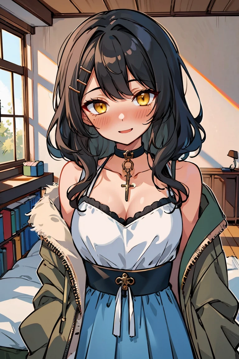 (masterpiece:1.2), (high quality:1.2), (hui xiyi:0.7), rekkyo sensen, rekkyou sensen, girls with((1girl, solo, black hair, yellow eyes, (wavy medium hair, hairclips:1.3), blush, breasts, choker, cleavage, coat, cowboy shot, blue dress, ribbon waist belt, collar, collarbone, rosary, rosary choker, cross, fur, khaki hoodie, green hoodie, hood down, hooded coat, hooded jacket, hoodie, jacket, large breasts, long hair, long sleeves, medium breasts, open clothes, open coat,open hoodie, sleeveless, winter clothes, zipper, cleavage, upper body, hand up, waving, palm)), background with((bedroom, room:2.0))