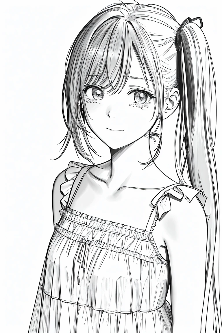 masterpiece,, One Girl, alone, short, White Background, Monochrome, Line art, ((sketch))、Look forward、Wear a nightgown、Are crying、Arms folded in front of chest、Side Ponytail、