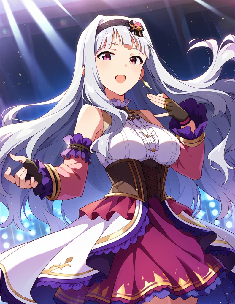 score_9, score_8_up, score_7_up, source_anime,
1girl, solo, idol concert, singing, looking at viewer,  diva, stage, white curtain, stage lights, light particles, 
 sjutkn, very long hair, grey hair, wavy hair, blunt bangs, hairband, purple eyes, large breasts, 
purple dress, sleeveless dress,layered dress, cross-laced dress,long sleeves, bare shoulders, frills, detached sleeves, corset, black fingerless gloves, shiny hair, floating hair, 
hair ornament, 
detailed eyes, eye refraction,