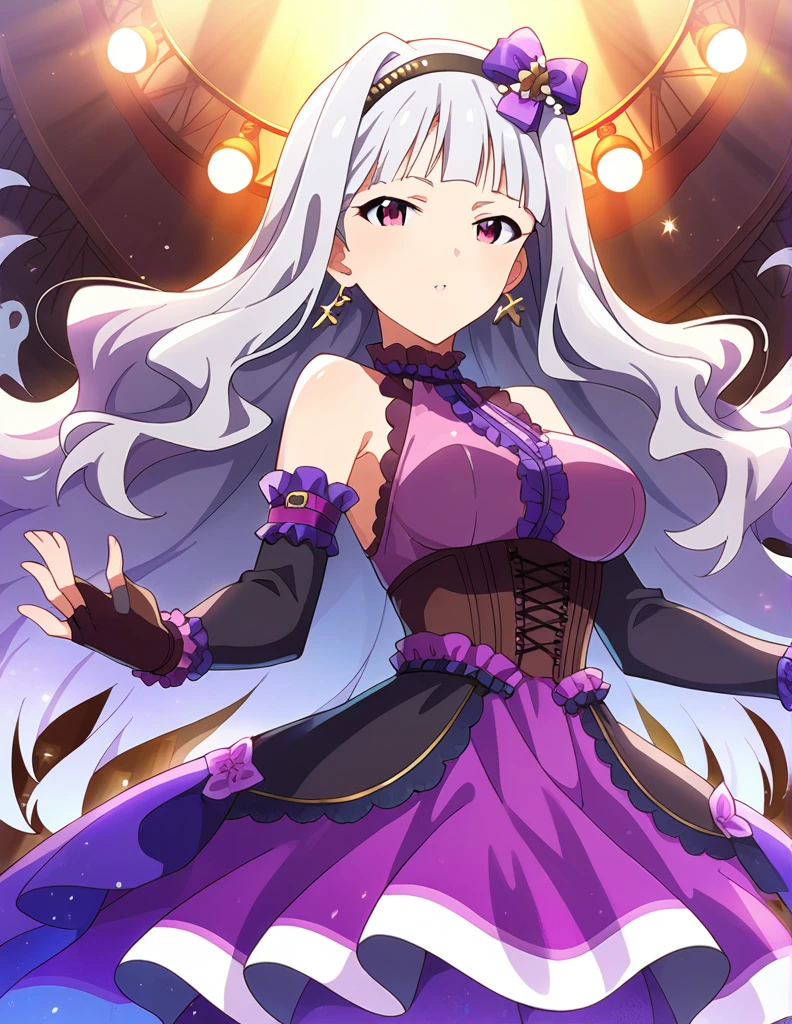 score_9, score_8_up, score_7_up, source_anime,
1girl, solo, idol concert, singing, looking at viewer,  diva, stage, white curtain, stage lights, light particles, 
 sjutkn, very long hair, grey hair, wavy hair, blunt bangs, hairband, purple eyes, large breasts, 
purple dress, sleeveless dress,layered dress, cross-laced dress,long sleeves, bare shoulders, frills, detached sleeves, corset, black fingerless gloves, shiny hair, floating hair, 
hair ornament, 
detailed eyes, eye refraction,