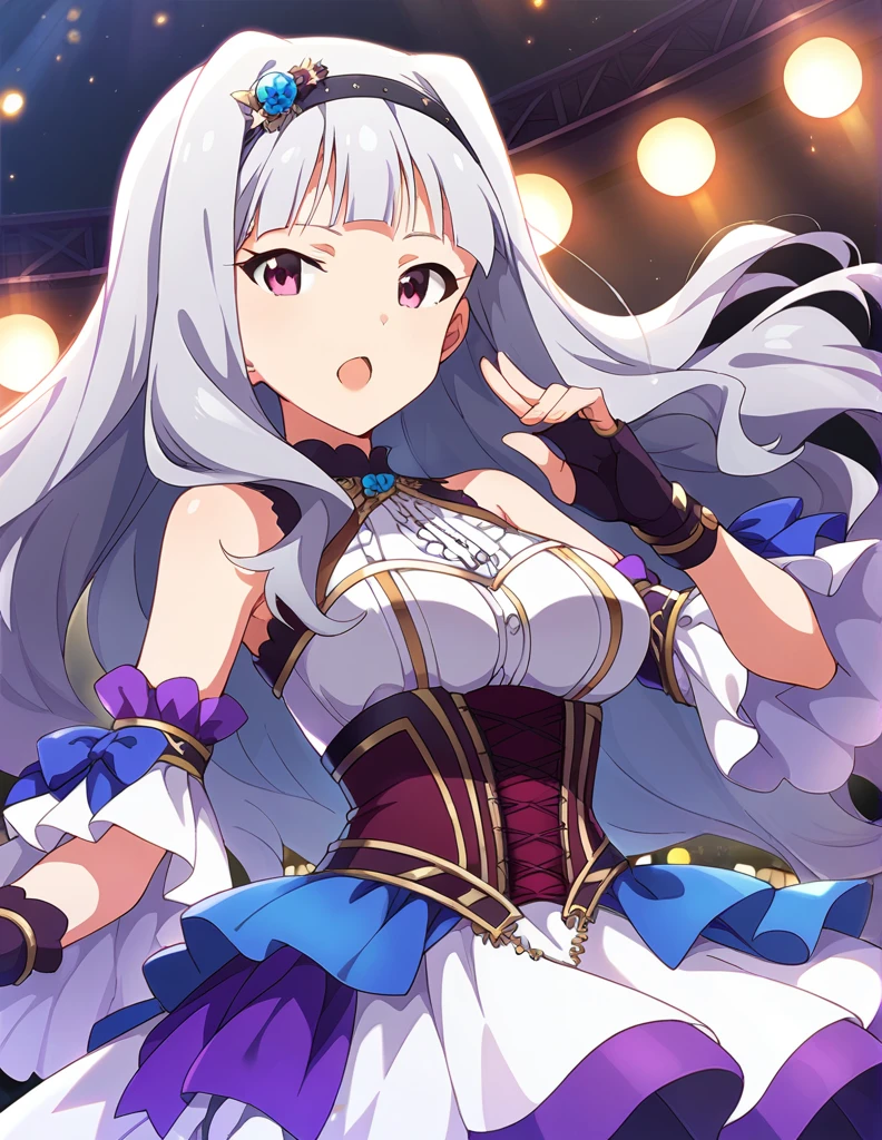 score_9, score_8_up, score_7_up, source_anime,
1girl, solo, idol concert, singing, looking at viewer,  diva, stage, white curtain, stage lights, light particles, 
 sjutkn, very long hair, grey hair, wavy hair, blunt bangs, hairband, purple eyes, large breasts, 
purple dress, sleeveless dress,layered dress, cross-laced dress,long sleeves, bare shoulders, frills, detached sleeves, corset, black fingerless gloves, shiny hair, floating hair, 
hair ornament, 
detailed eyes, eye refraction,